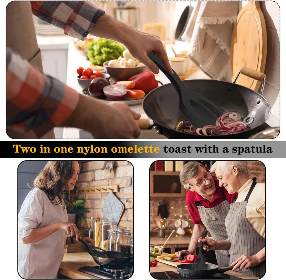 2-in-1 Grip Flip Spatula Tongs: Non-Stick Nylon Egg Flipper for Pancakes, Fish, French Toast, and Omelets