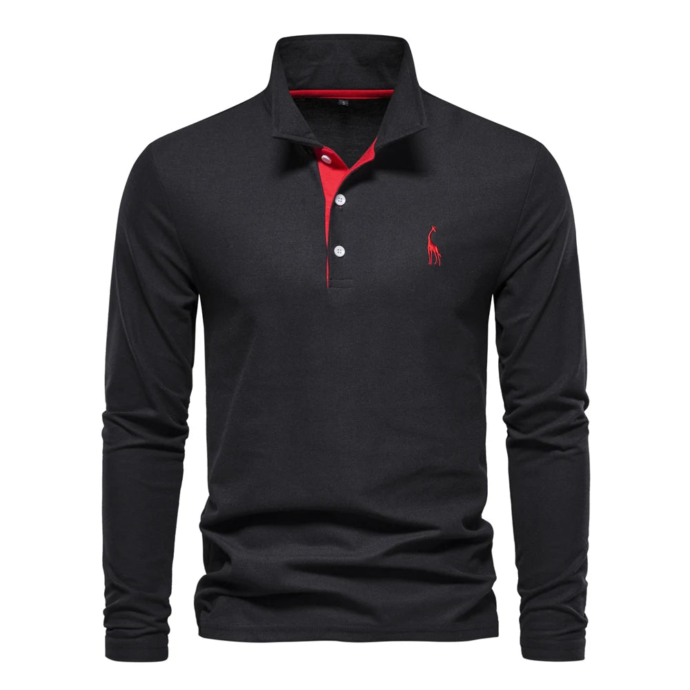 AIOPESON Deer Embroidery Men&#39;s Polo Shirts Solid Color Long Sleeve Polo Shirts for Men New Spring Social Business Polos Male