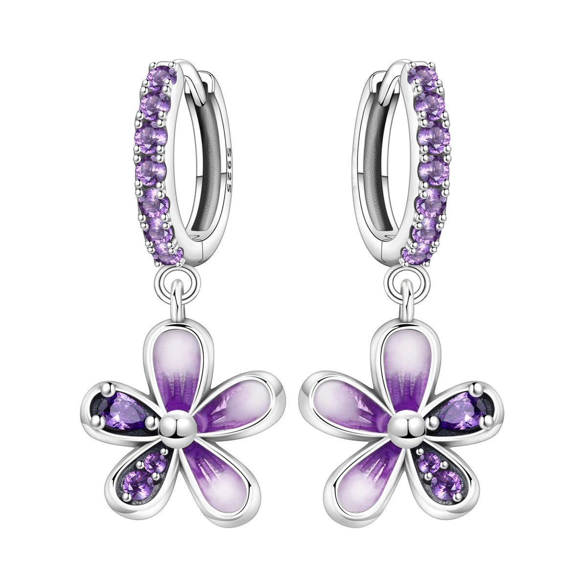 Original 925 Sterling Silver Pink Paw Print Earrings with Zircon, Heart Flower and Leaf Design, Elegant Women's Party Jewelry Gift