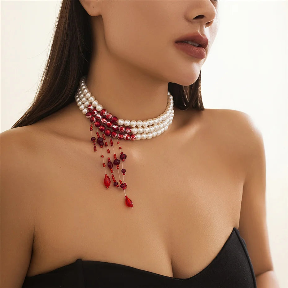 Multilayer Gothic Red Blood Tassel Necklace – Imitation Pearl &amp; Crystal Bead Pendant for Women, Perfect Halloween Jewelry