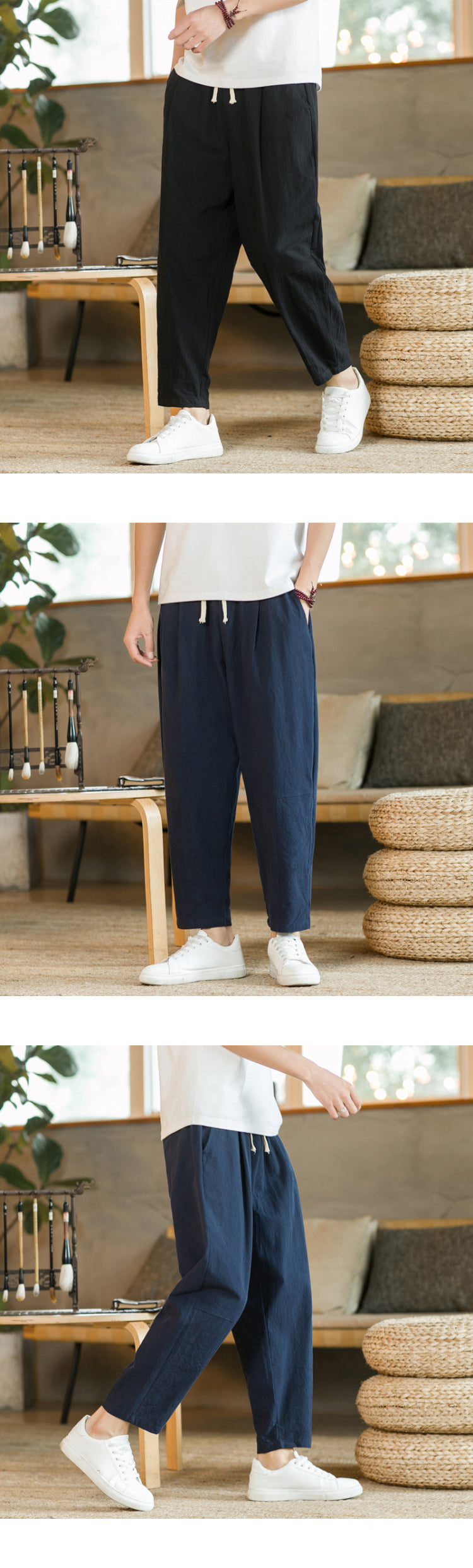 Men&#39;s Trousers Cotton Linen Fashion Casual Pants Solid Color Breathable Loose Shorts Straight Drawstring Pants Streetwear Men