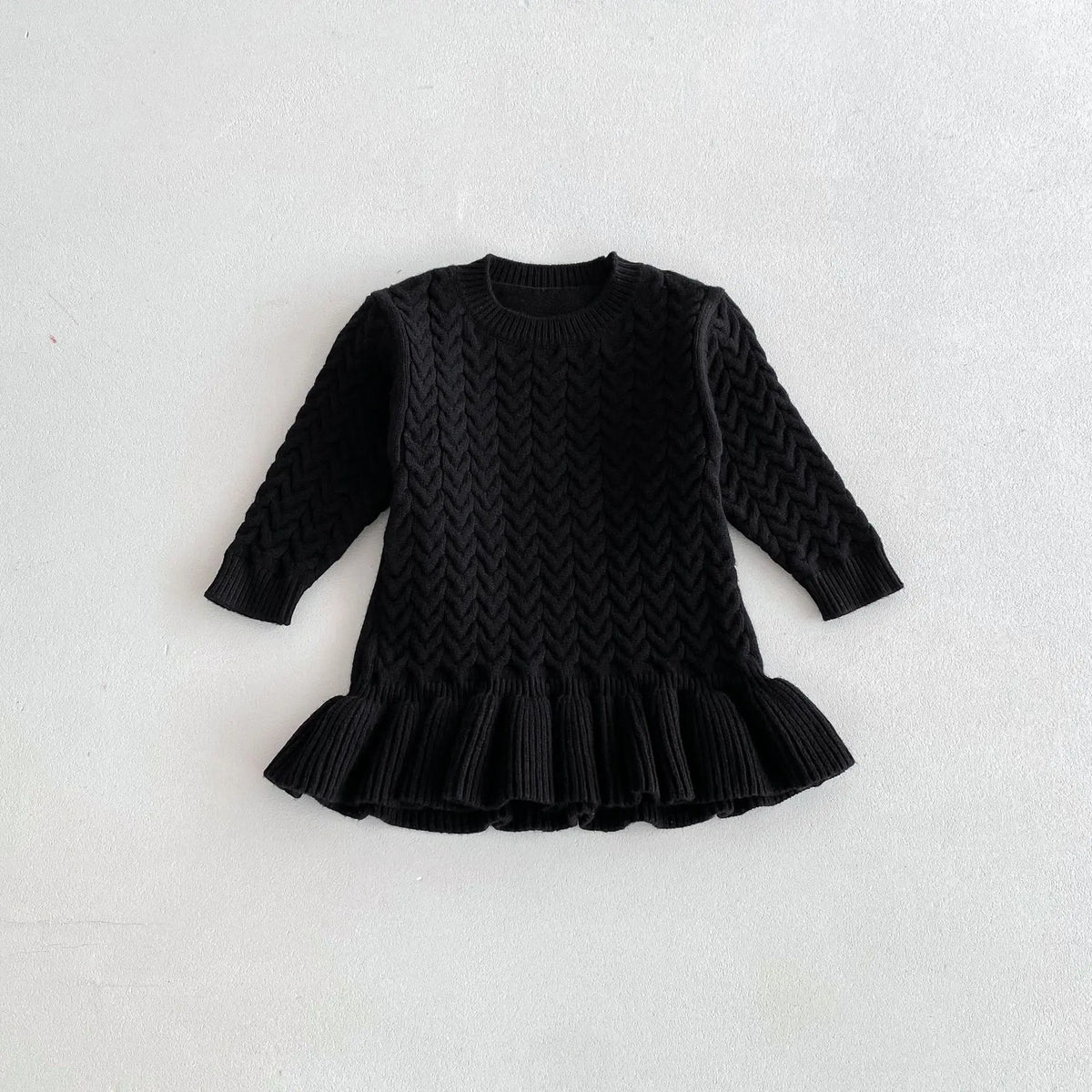 Autumn and Winter Korean Girls Sweater Dress – Long Sleeve Knitted Ruffle Dress with Twist Design and Round Neck