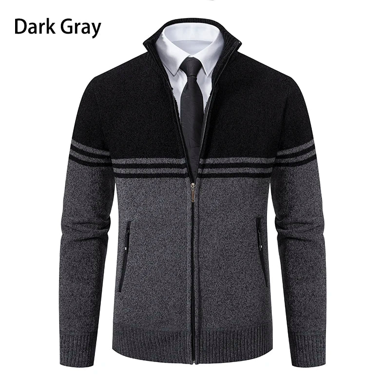 Men&#39;s New Winter Sweater Thick Fleece Warm Sweater Casual Stand Collar Zipper Cardigan Fashion Striped Coat