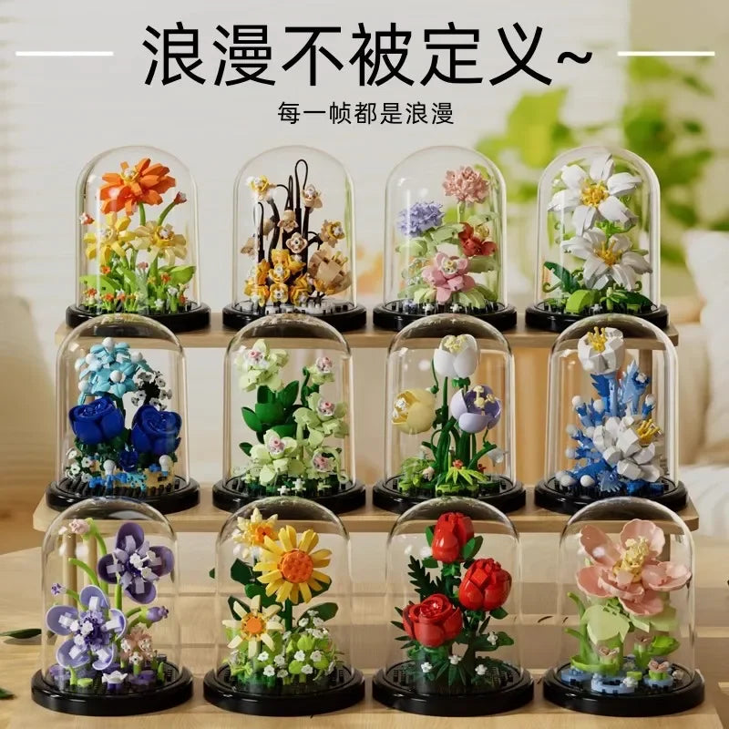 Flower Bouquet Bonsai Building Blocks – Artificial Plastic Plant with Dust Cover