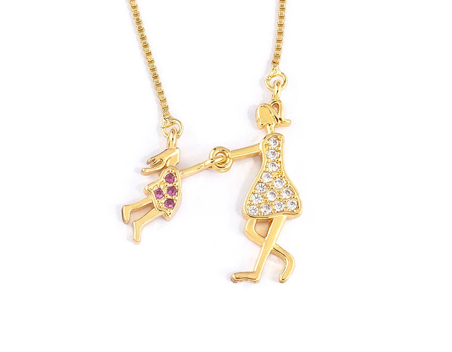 Nidin Gold-Plated Mom and Daughter Pendant Necklace with Cubic Zirconia, Elegant Mother's Day Jewelry Gift