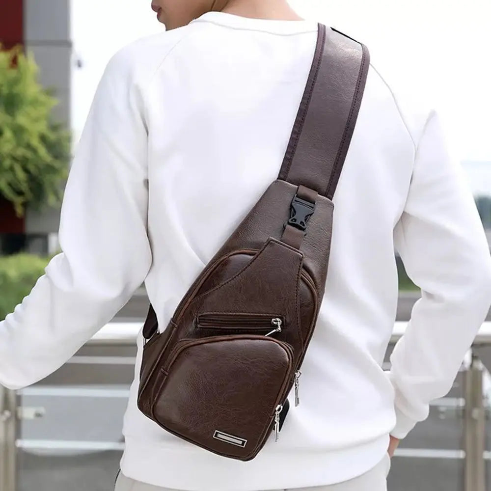 Men&#39;s Casual Chest Bag - PU USB Charging Shoulder Bag for Outdoor Sports