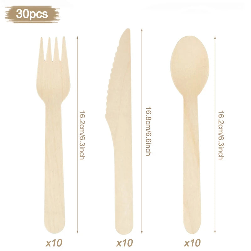 Disposable Wooden Cutlery Set: Rustic Spoon, Fork, and Knife for Wedding, Birthday Parties, and Table Decor – Ideal for Desserts and Cakes