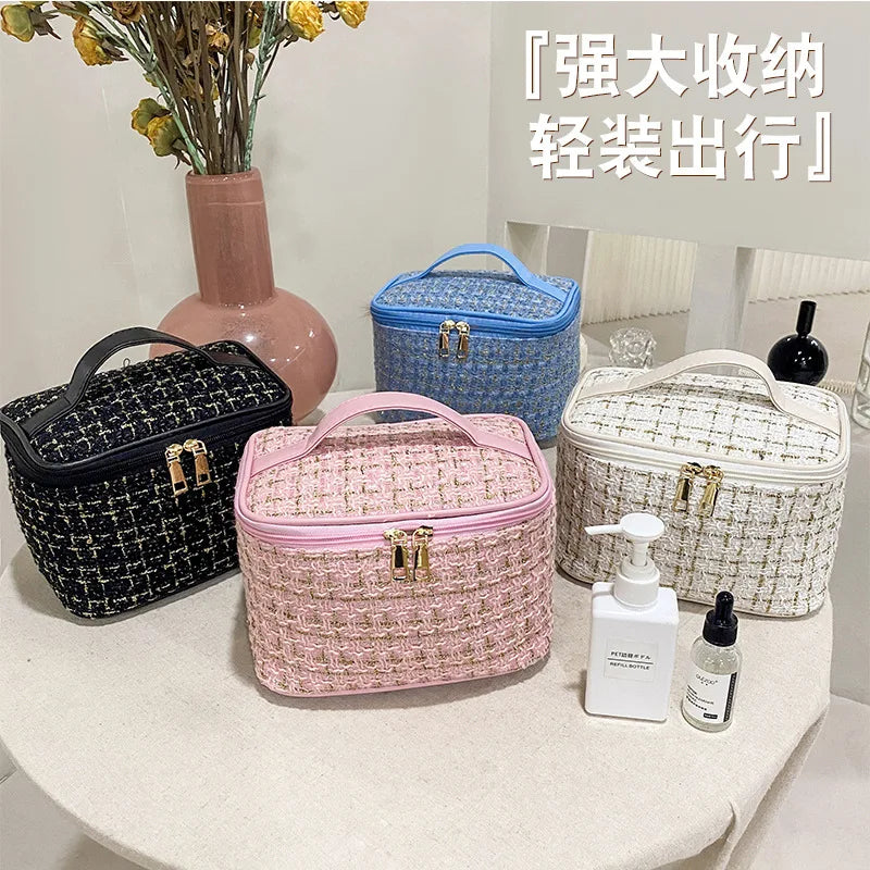 Korean Plaid Portable Makeup Bag - Large Capacity Travel Toiletry Organizer