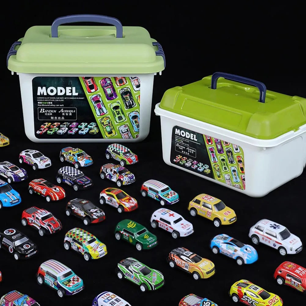 Mini Diecast Car Model Set with Storage Box: Inertia-Powered Vehicles for Kids