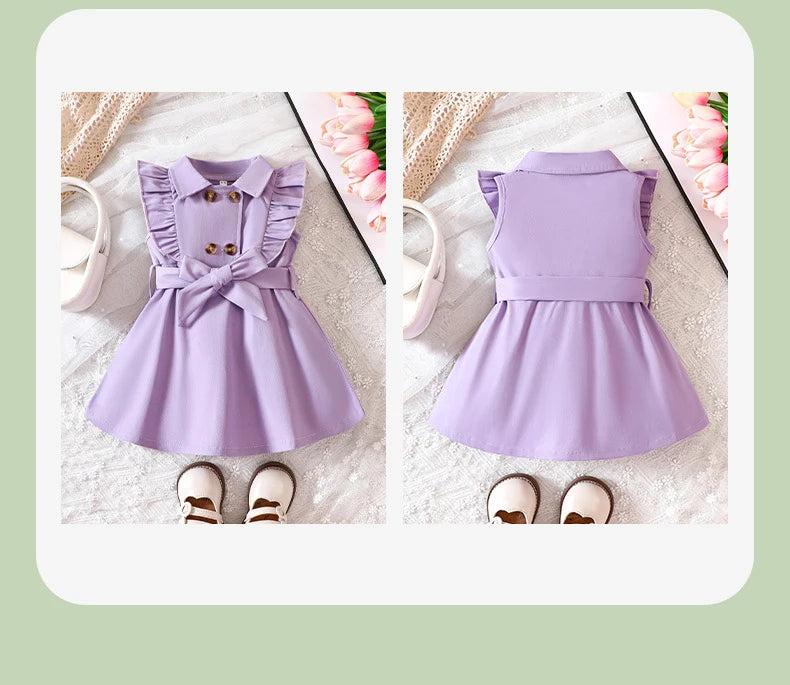 Wholesale Kids Girls Retro Solid Color Trench Dress – Belted, Double-Breasted Elegant Summer Baby Dress