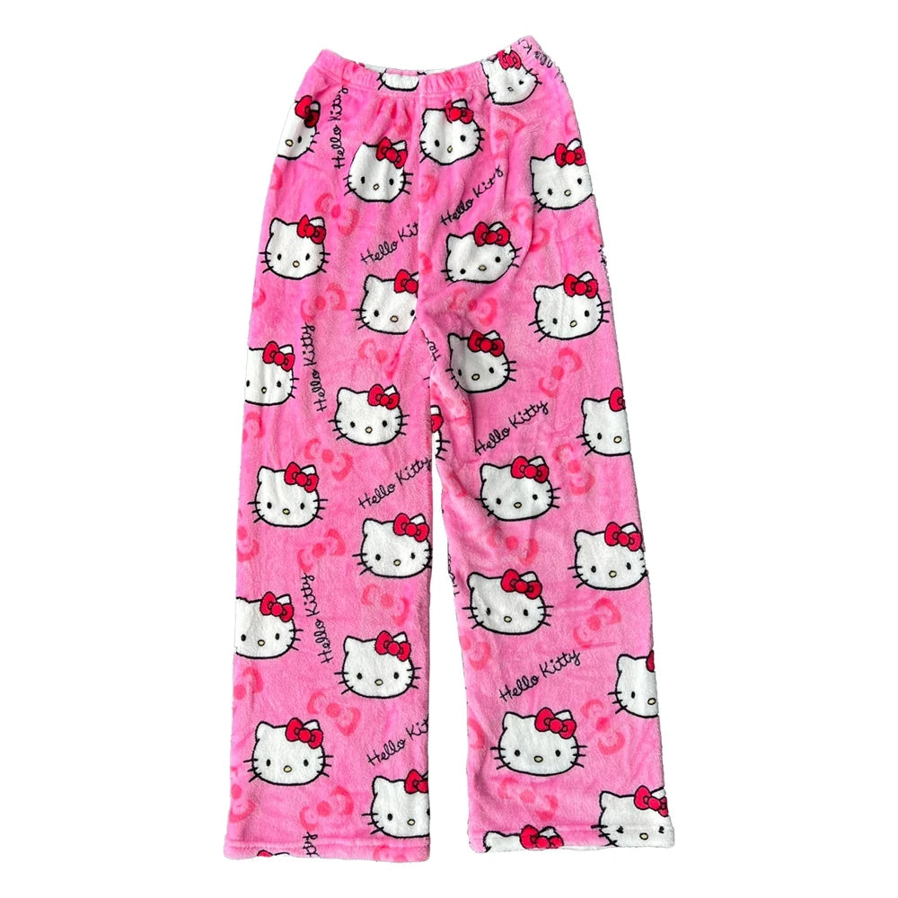 Sanrio Hello Kitty Y2K Kawaii Flannel Pajamas – Women’s Warm Woolen Cartoon Casual Home Pants, Autumn and Winter Fashion Trousers