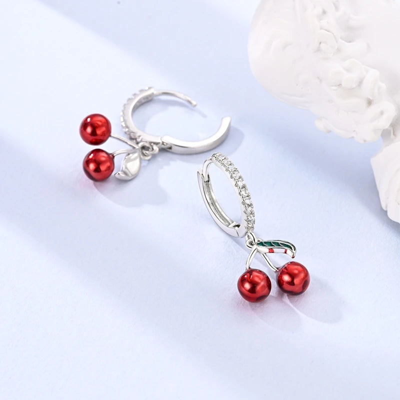 Original 925 Sterling Silver Fruit Hoop Earrings for Women, Cute Cherry Strawberry and Mushroom Charm Earrings, Fashion Jewelry Gift