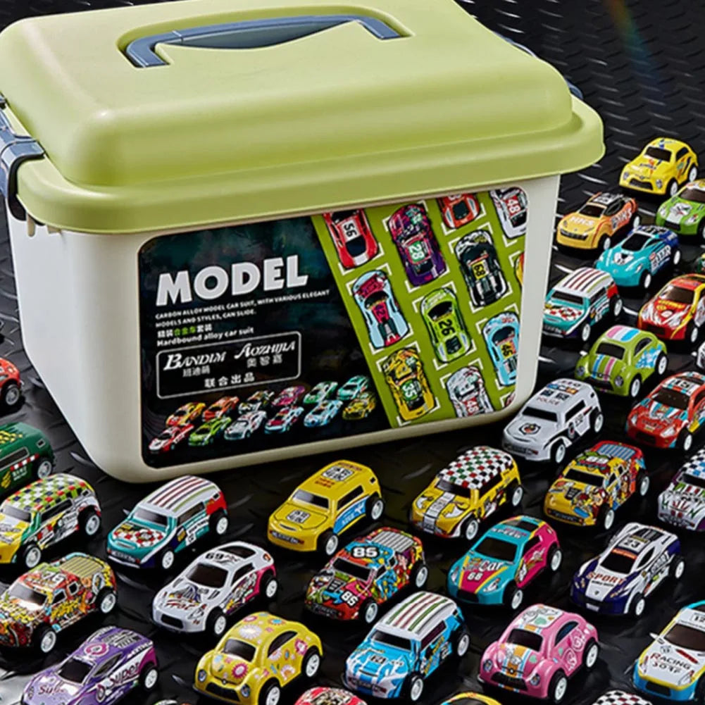 Mini Diecast Car Model Set with Storage Box: Inertia-Powered Vehicles for Kids