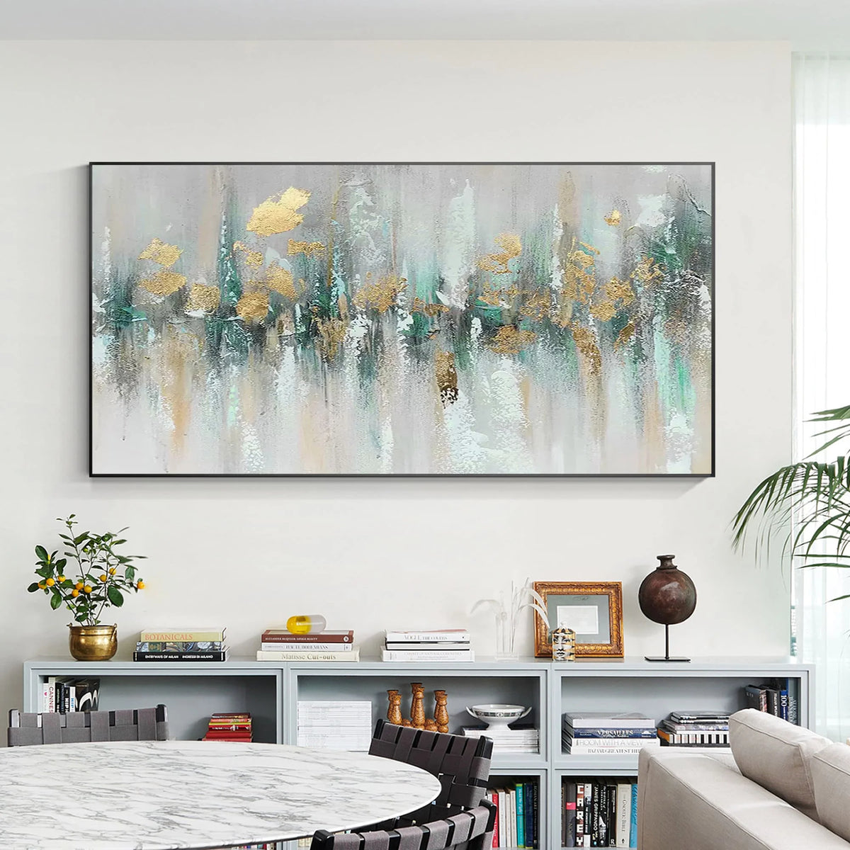 Gold and Teal Green Textured Abstract Canvas Painting: Large Wall Art for Living Room and Bedroom