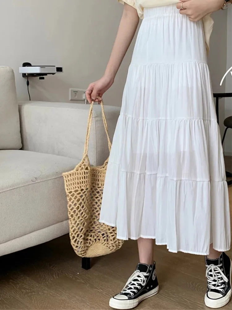 Spring Summer Women&#39;s Chiffon A-Line Skirt: Vintage High-Waist Elastic Patchwork in Black &amp; White