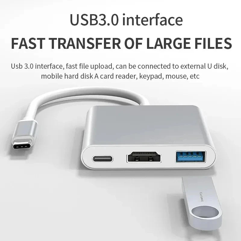 3-in-1 USB-C to HDMI Adapter – USB 3.1 Hub, Type-C Charging Converter for Samsung S23 Ultra, Huawei, Xiaomi, MacBook