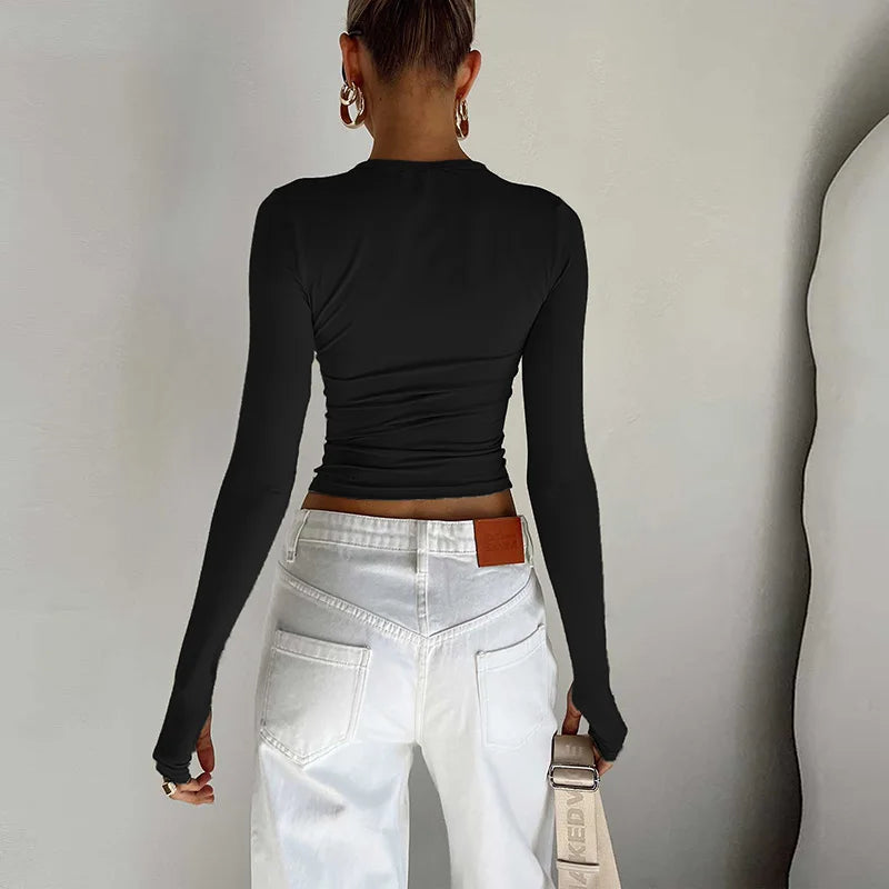 Fashion Women’s Long Sleeve Crew Neck T-Shirt: Slim Fit Crop Top with Thumb Holes for Summer Streetwear