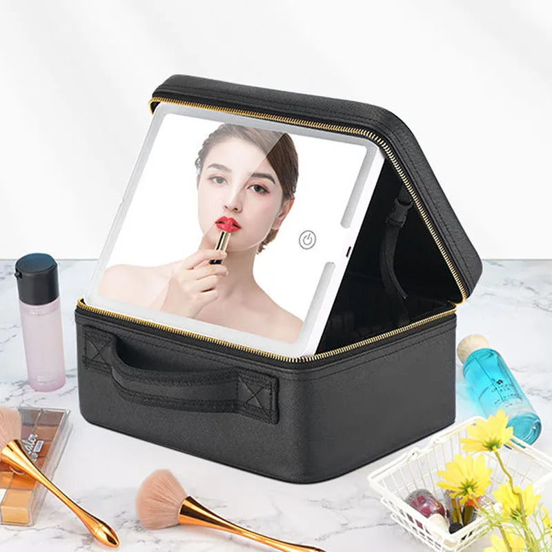 Smart LED Makeup Case with Mirror - Large Capacity Travel Cosmetic Bag