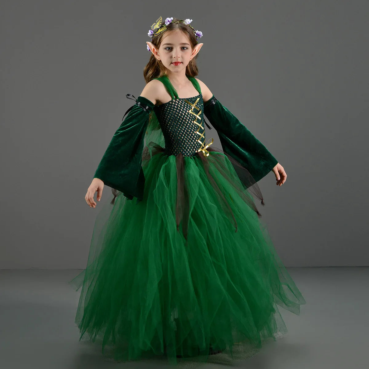 Kids Forest Elf Dress-Up Costume – Green Princess Outfit with Ears for Girls, Perfect for Stage Performance and Halloween