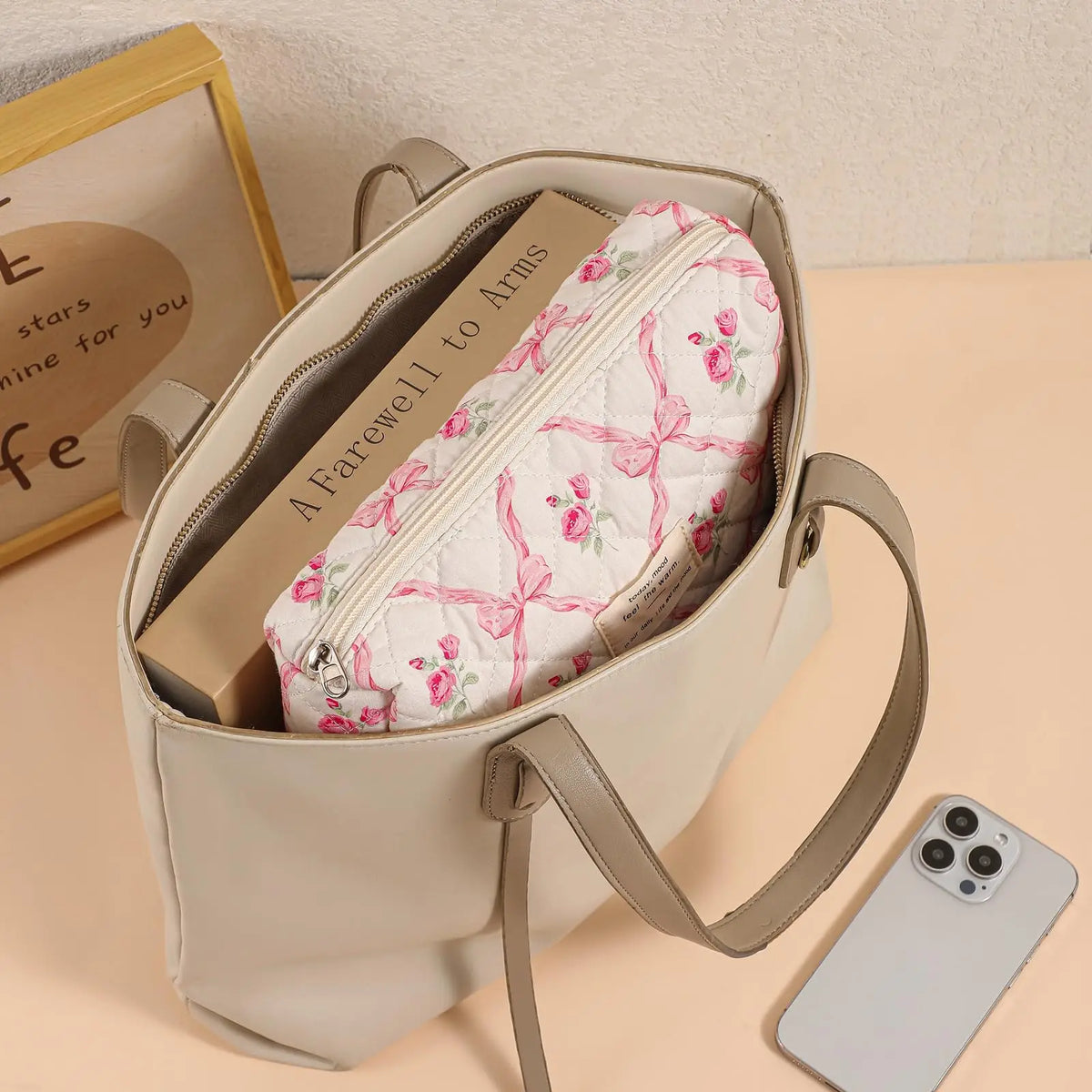 Quilted Cotton Makeup Bag - Portable Zipper Cosmetic Organizer