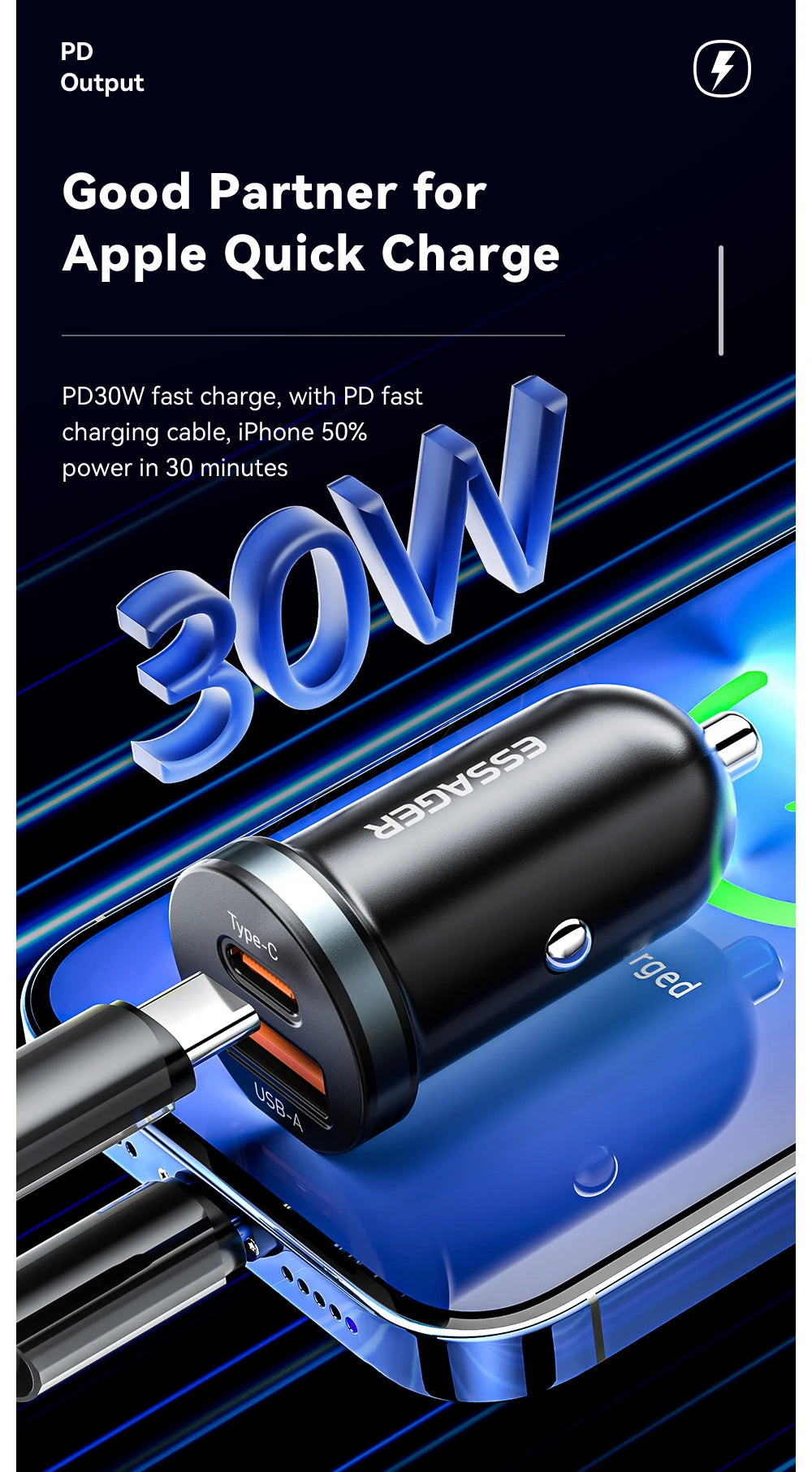 Essager 30W USB-C Car Charger – Quick Charger with PD, QC 3.0, SCP, 5A Fast Charging for iPhone, Xiaomi, Samsung