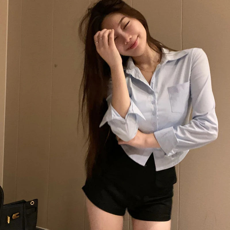 Women&#39;s Elegant Slim Blouse: Korean Y2K Cropped Shirt for Casual &amp; Office Wear