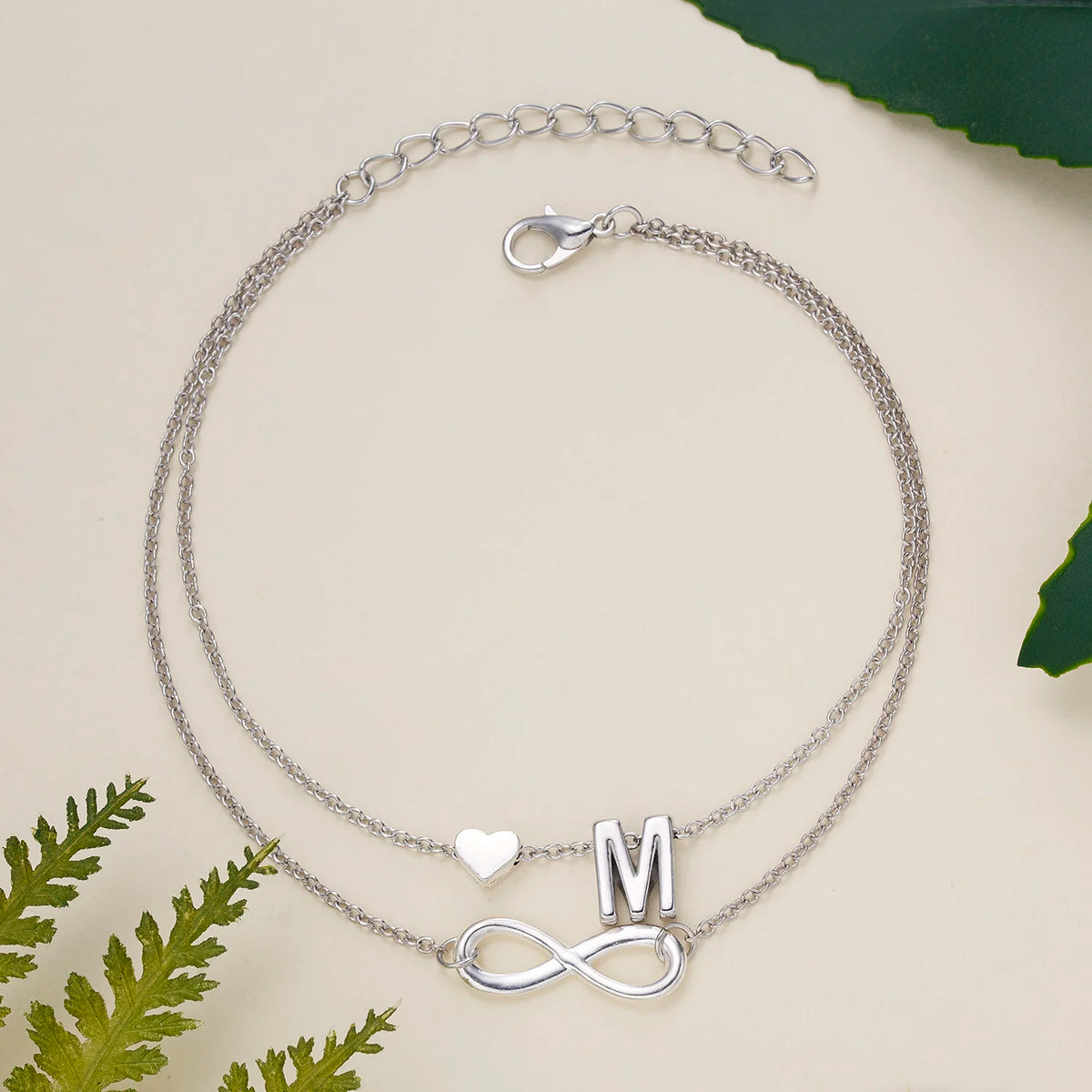 Initial Heart Anklet – Silver Letter Charm Leg Chain for Women, Perfect for Beach &amp; Travel