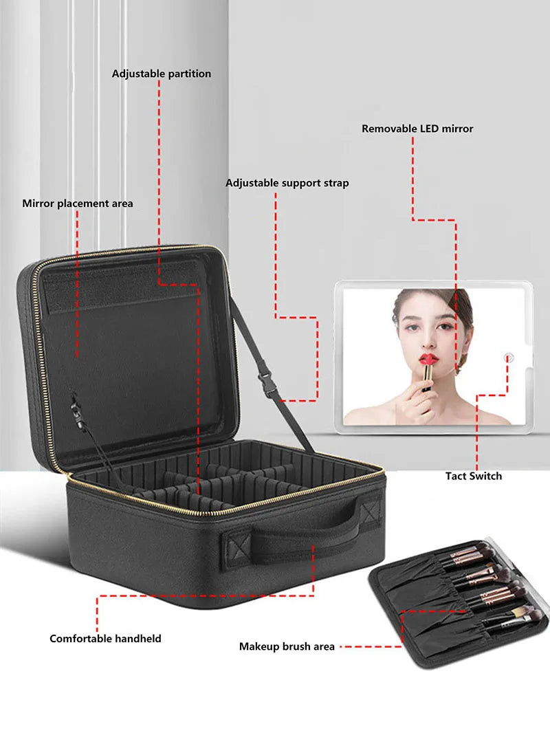 Smart LED Makeup Case with Mirror - Large Capacity Travel Cosmetic Bag