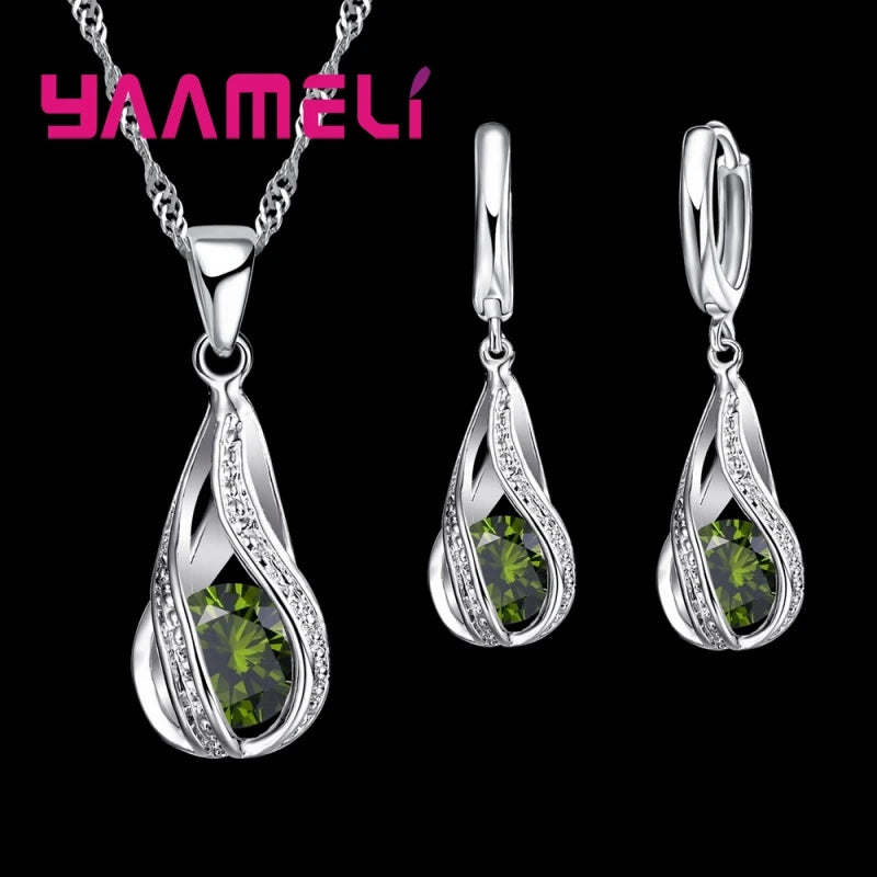 925 Sterling Silver Cubic Zircon Bridal Jewelry Set for Women, Crystal Necklace and Earrings, Elegant Wedding Gift