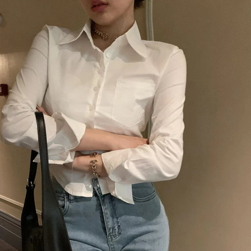 Women&#39;s Elegant Slim Blouse: Korean Y2K Cropped Shirt for Casual &amp; Office Wear